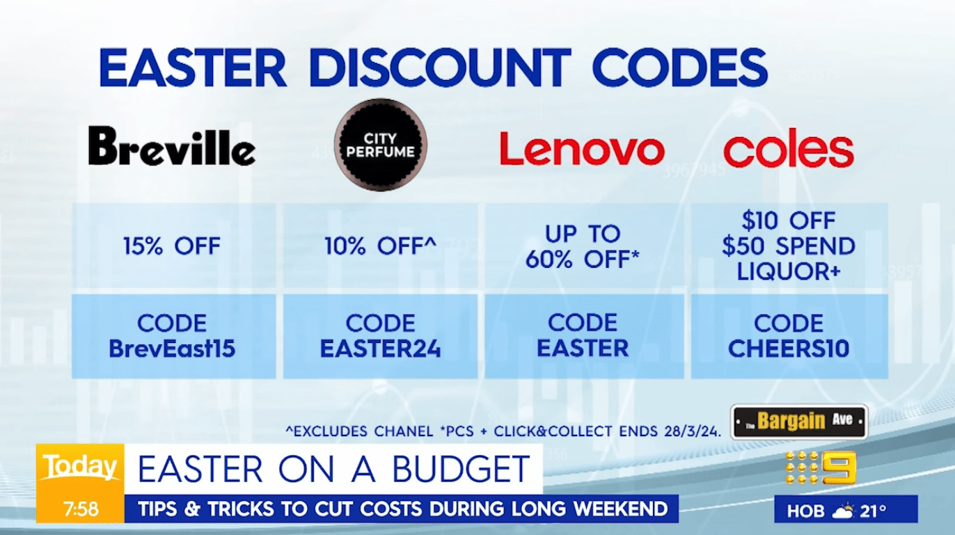 The Bargain Avenue discount codes on Channel 9 TV on 28th March 2024 featuring easter coupon codes