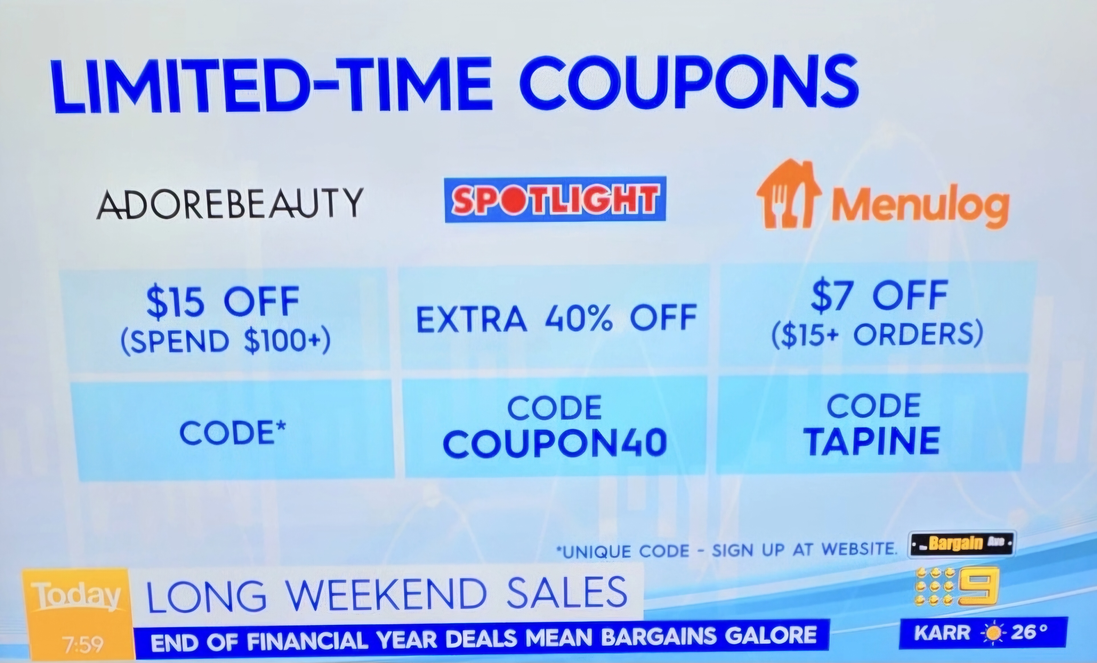 The Bargain Avenue discount codes on Channel 9 TV on 6th June 2024 featuring King's Birthday long weekend coupon codes